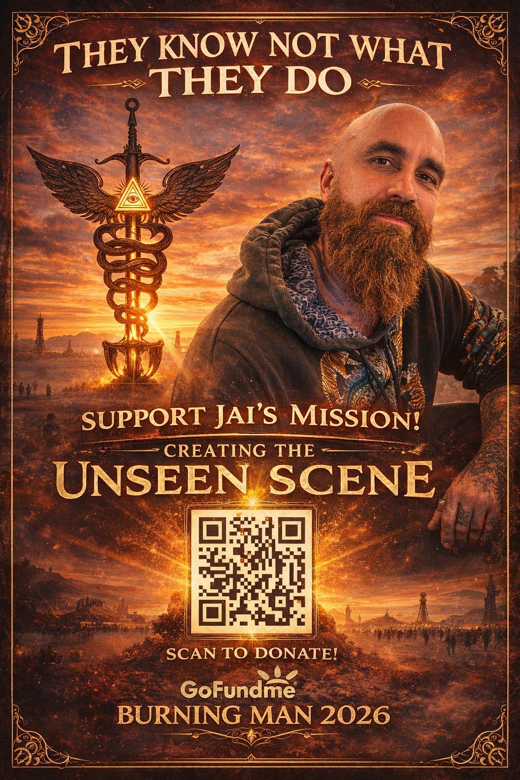 Campaign poster: Support Jai's Mission — Creating the Unseen Scene, with a QR code linking to GoFundMe